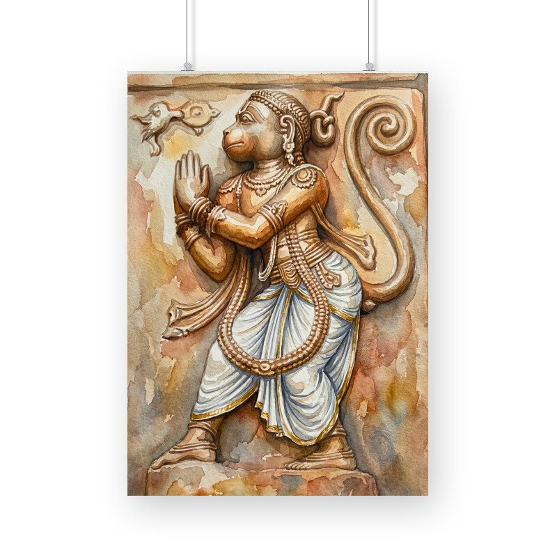 Hanuman Sculpture of Hampi – Shri Ram Bhakti Watercolor Painting - Image 2