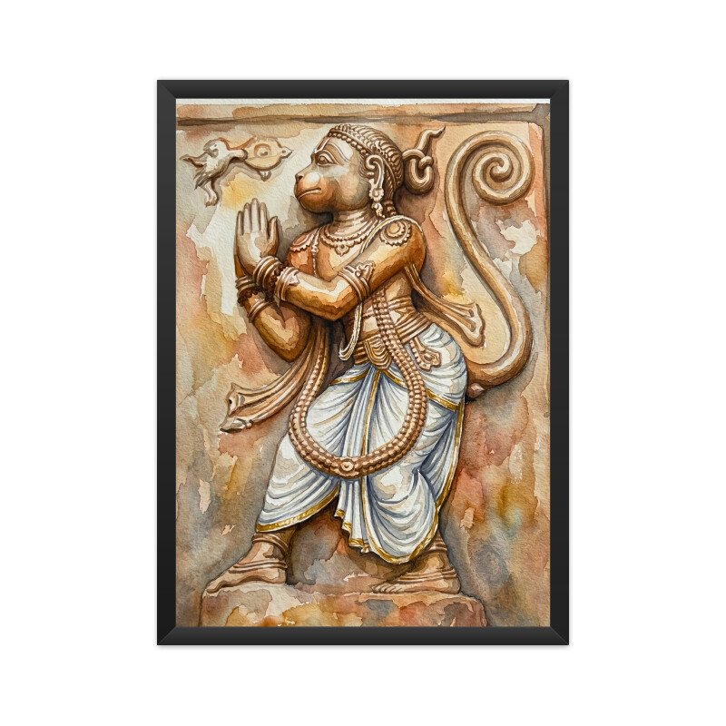 Hanuman Sculpture of Hampi – Shri Ram Bhakti Watercolor Painting - Image 3