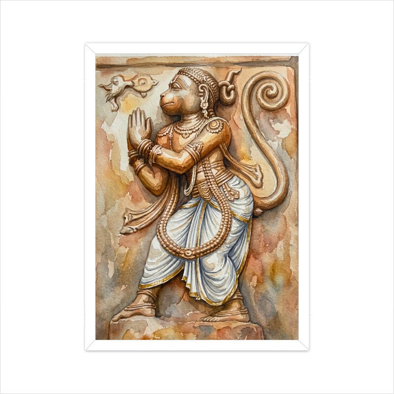 Hanuman Sculpture of Hampi – Shri Ram Bhakti Watercolor Painting - Image 6