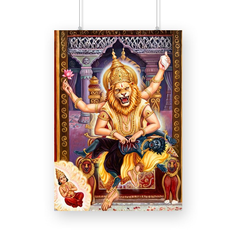 Narsinha Avatar Wall Art | Prahlad Devotion Framed Poster | Vishnu Purana Inspired Hindu Decor | A3 & A4 Sizes - Image 4