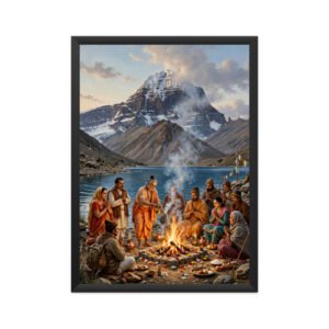 Pilgrims Performing Puja at Mansarovar Lake Near Mount Kailash – Framed Devotional Poster