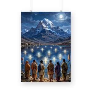 Devotees Worshipping by Lamplight at Mansarovar Lake Near Mount Kailash – Framed Poster