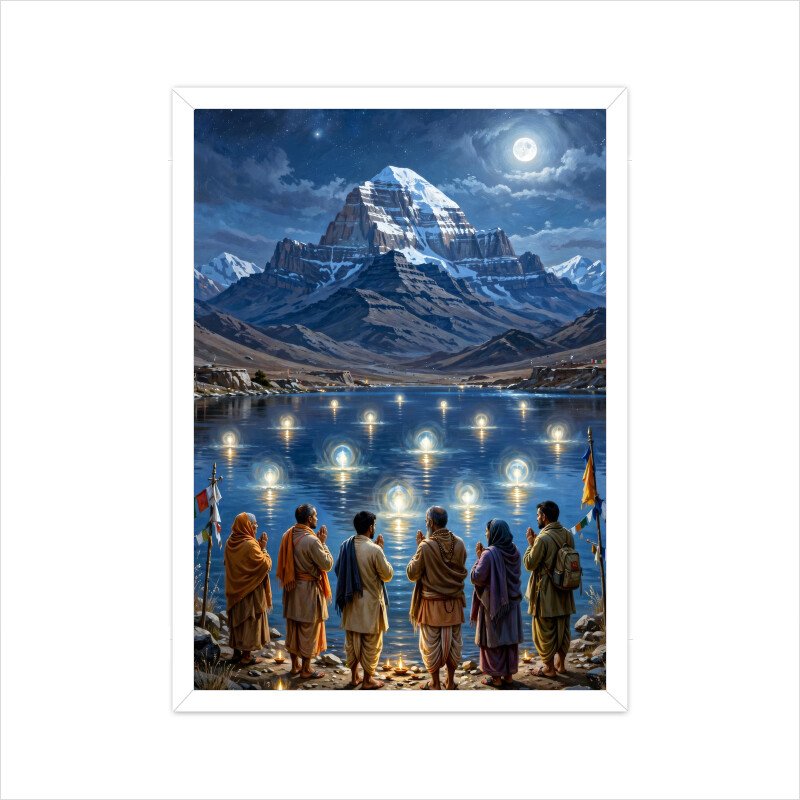 Devotees Worshipping by Lamplight at Mansarovar Lake Near Mount Kailash – Framed Poster - Image 3