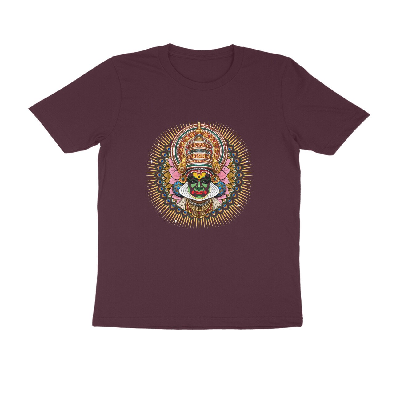 Kathakali T-Shirt Kerala Culture Tee | Peacock Feather Mandala Shirt | Kathakali Face Traditional - Image 2
