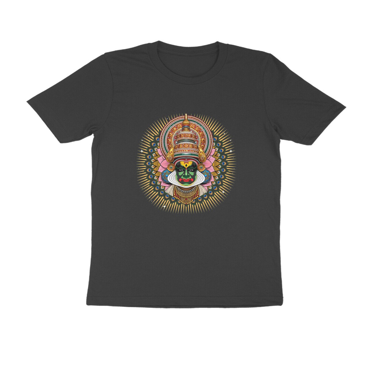 Kathakali T-Shirt Kerala Culture Tee | Peacock Feather Mandala Shirt | Kathakali Face Traditional - Image 3
