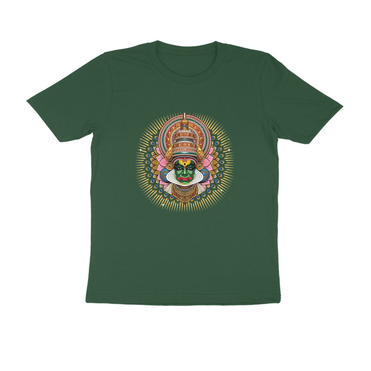 Kathakali T-Shirt Kerala Culture Tee | Peacock Feather Mandala Shirt | Kathakali Face Traditional - Image 4
