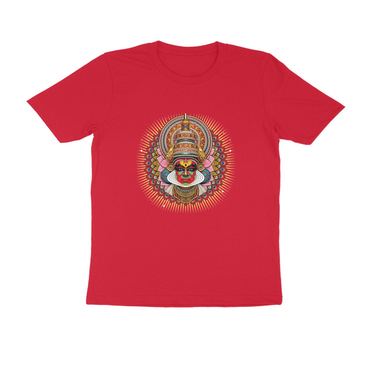 Kathakali T-Shirt Kerala Culture Tee | Peacock Feather Mandala Shirt | Kathakali Face Traditional - Image 9